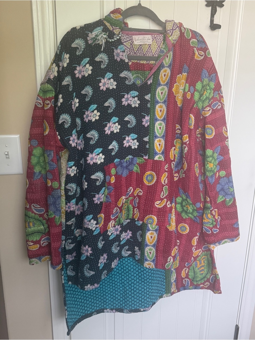 Kantha Bae Patchwork Floral Tunic Hooded Top with Mixed Boho